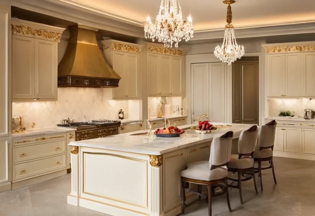 Luxury classic show kitchen with carved paneled island, marble worktops and a chandelier, styled like a furnished room