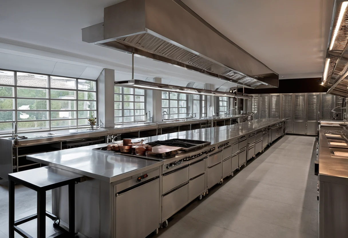 Hidden professional working kitchen with stainless steel benches, commercial range and extraction canopy in full preparation