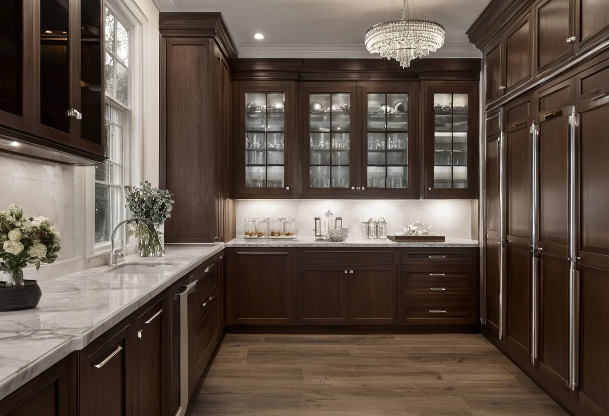 Staging pantry between kitchens with trays, stacked warm plates and double doors acting as a service airlock