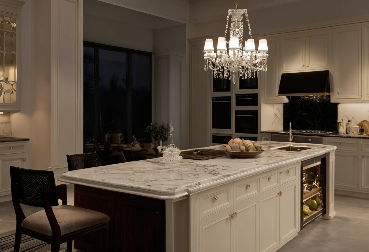 Show kitchen at night with dimmed chandelier over the marble island and immaculate carved cabinetry